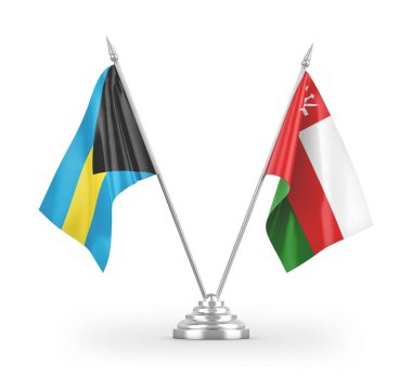 Umman ve Bahamalar masa bayrakları beyaz arkaplandaki 3D görüntüleme