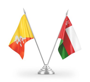 Umman ve Bhutan masa bayrakları beyaz arkaplanda izole edilmiş 3D görüntüleme