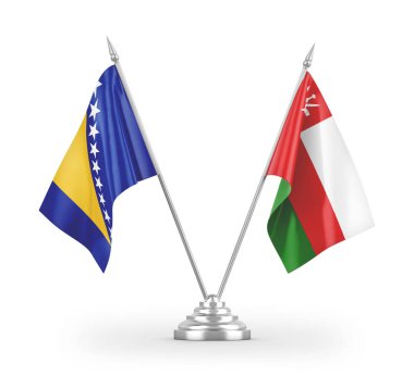 Umman ve Bosna-Hersek masa bayrakları beyaz arkaplandaki 3D görüntülerde izole edildi