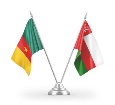 Umman ve Kamerun masa bayrakları beyaz arkaplandaki 3D görüntüleme