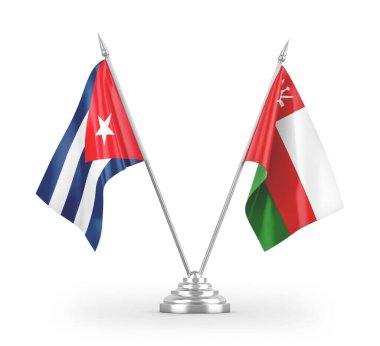 Umman ve Küba masa bayrakları beyaz arkaplanda izole edilmiş 3D görüntüleme