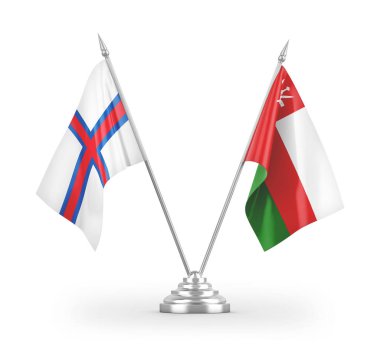 Umman ve Faroe Adaları masa bayrakları beyaz arka planda izole edilmiş 3D görüntüleme