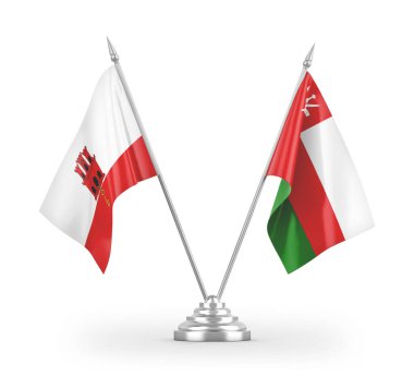 Umman ve Gibraltar masa bayrakları beyaz arkaplanda 3 boyutlu görüntüleme