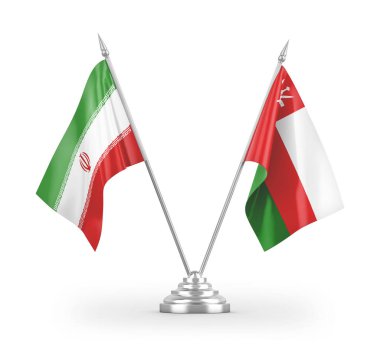 Umman ve İran bayrakları beyaz arkaplanda 3 boyutlu görüntüleme