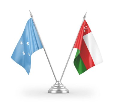 Umman ve Mikronezya masa bayrakları beyaz arkaplanda izole edilmiş 3D görüntüleme