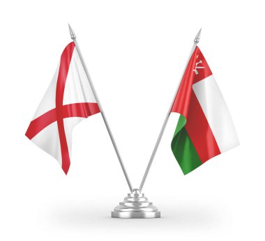 Umman ve Kuzey İrlanda masa bayrakları beyaz arka planda izole edilmiş 3D görüntüleme