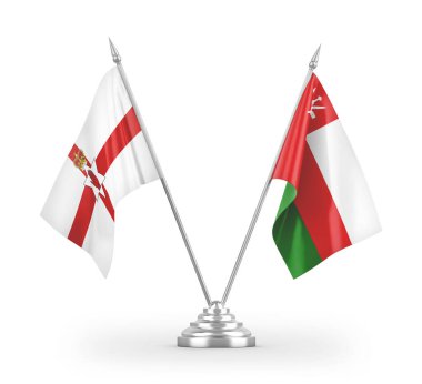 Umman ve Kuzey İrlanda masa bayrakları beyaz arka planda izole edilmiş 3D görüntüleme