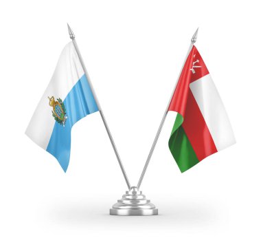 Umman ve San Marino masa bayrakları beyaz arka planda 3 boyutlu görüntüleme