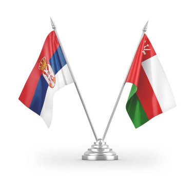 Umman ve Sırbistan 'ın bayrakları beyaz arkaplandaki 3D görüntülerde izole edildi