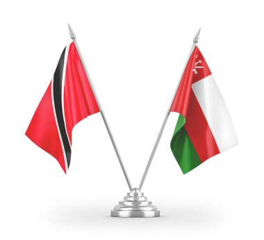 Umman, Trinidad ve Tobago masa bayrakları beyaz arka planda izole edilmiş 3D görüntüleme