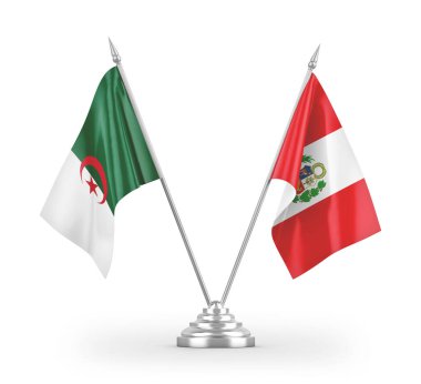 Peru ve Cezayir masa bayrakları beyaz arkaplanda izole edilmiş 3D görüntüleme