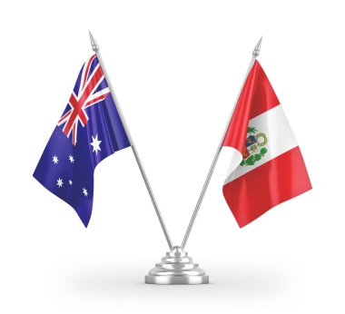 Peru ve Avustralya masa bayrakları beyaz arkaplan 3D görüntüleme üzerinde izole