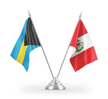 Peru ve Bahama masa bayrakları beyaz arkaplanda izole edilmiş 3D görüntüleme