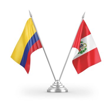 Peru ve Kolombiya masa bayrakları beyaz arkaplandaki 3D görüntüleme