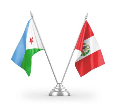Peru ve Cibuti masa bayrakları beyaz arkaplanda izole edilmiş 3d görüntüleme