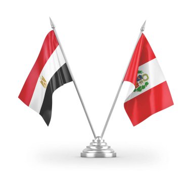 Peru ve Mısır masa bayrakları beyaz arkaplandaki 3D görüntüleme
