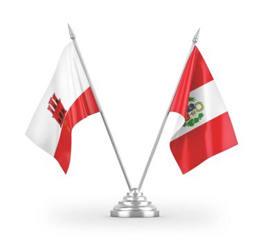 Peru ve Gibraltar masa bayrakları beyaz arkaplandaki 3D görüntüleme
