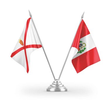 Peru ve Jersey masa bayrakları beyaz arkaplanda 3 boyutlu görüntüleme