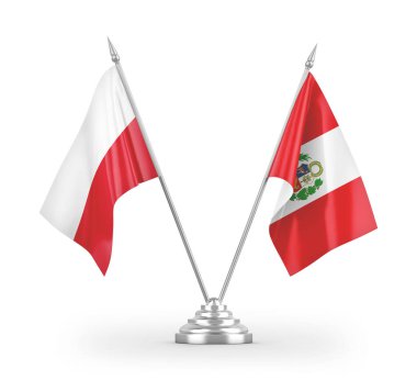 Peru ve Polonya masa bayrakları beyaz arkaplan 3D görüntüleme üzerinde izole