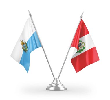 Peru ve San Marino masa bayrakları beyaz arkaplanda 3 boyutlu görüntüleme