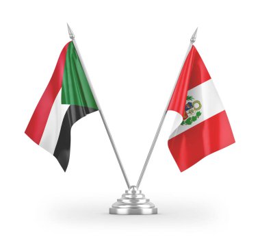 Peru ve Sudan masa bayrakları beyaz arkaplanda 3 boyutlu görüntüleme