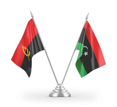 Libya ve Angola masa bayrakları beyaz arka planda izole edildi