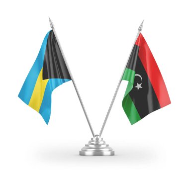 Libya ve Bahamalar masa bayrakları beyaz arka planda izole edildi