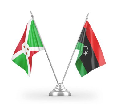 Libya ve Burundi masa bayrakları beyaz arkaplandaki 3D görüntüleme
