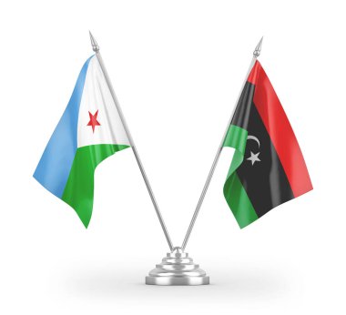 Libya ve Cibuti masa bayrakları beyaz zemin üzerinde izole edilmiş 3D görüntüleme