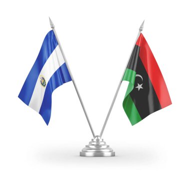 Libya ve El Salvador masa bayrakları beyaz arka planda izole edildi