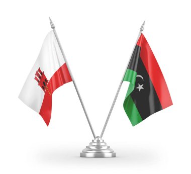Libya ve Gibraltar masa bayrakları beyaz arkaplandaki 3D görüntüleme