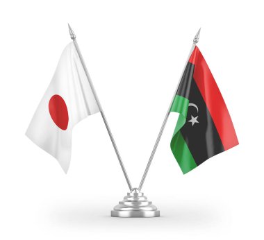 Libya ve Japonya 'nın bayrakları beyaz arkaplan 3D görüntüleme üzerinde izole edildi