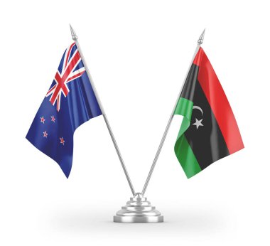 Libya ve Yeni Zelanda masa bayrakları beyaz arkaplan 3D görüntüleme üzerinde izole edildi
