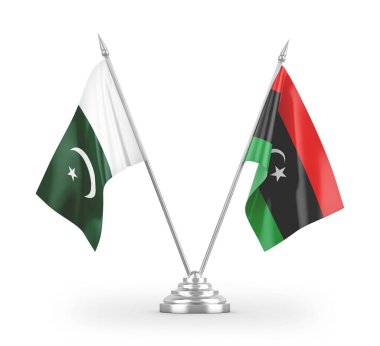 Libya ve Pakistan masa bayrakları beyaz arkaplandaki 3D görüntüleme