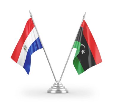 Libya ve Paraguay masa bayrakları beyaz arkaplan 3D görüntüleme üzerinde izole edildi
