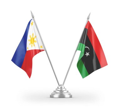 Libya ve Filipinler masa bayrakları beyaz arkaplandaki 3D görüntüleme