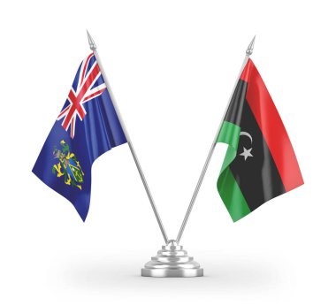 Libya ve Pitcairn Adaları masa bayrakları beyaz zemin üzerinde izole edilmiş 3d görüntüleme