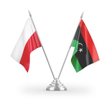 Libya ve Polonya masa bayrakları beyaz arkaplan 3D görüntüleme üzerinde izole edildi