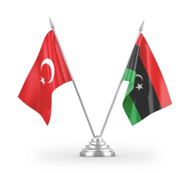 Libya ve Türkiye 'nin bayrakları beyaz arkaplandaki 3D görüntüleme üzerinde izole edildi