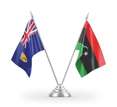 Libya, Türkler ve Caicos Adaları masa bayrakları beyaz zemin üzerinde izole edildi