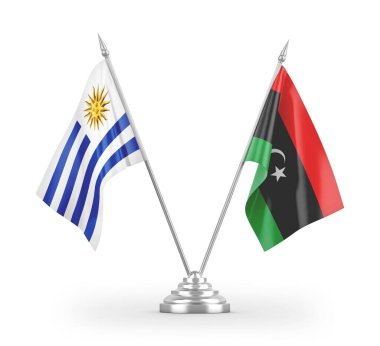 Libya ve Uruguay masa bayrakları beyaz arkaplandaki 3D görüntüleme