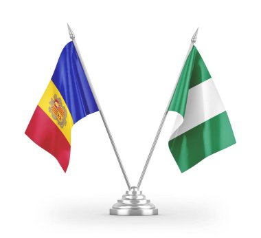 Nijerya ve Andorra masa bayrakları beyaz arkaplanda 3 boyutlu görüntüleme