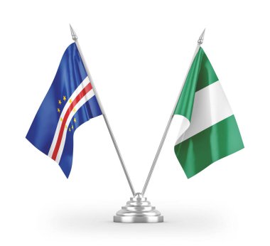 Nijerya ve Cabo Burnu masa bayrakları beyaz arkaplanda izole edilmiş 3D görüntüleme