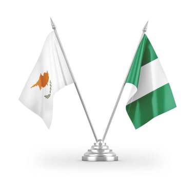 Nijerya ve Kıbrıs masa bayrakları beyaz arka planda izole edilmiş 3D görüntüleme
