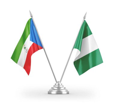 Nijerya ve Ekvator Gine masa bayrakları beyaz arkaplanda izole edilmiş 3D görüntüleme