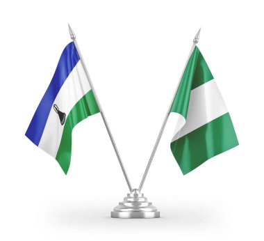 Nijerya ve Lesotho masa bayrakları beyaz arkaplanda izole edilmiş 3D görüntüleme