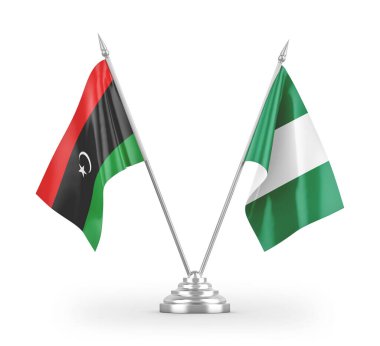 Nijerya ve Libya masa bayrakları beyaz arka planda izole edilmiş 3D görüntüleme
