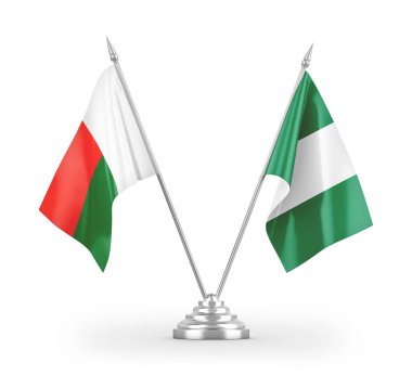 Nijerya ve Madagaskar masa bayrakları beyaz arka planda izole edilmiş 3D görüntüleme