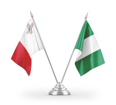 Beyaz arkaplan üzerinde izole edilmiş Nijerya ve Malta masa bayrakları