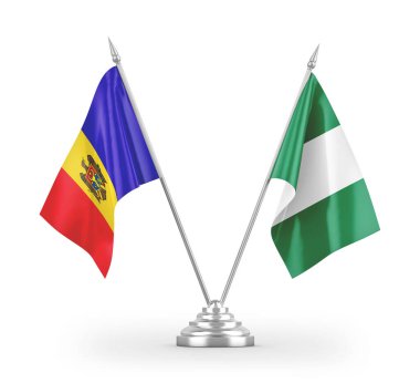 Nijerya ve Moldova masa bayrakları beyaz zemin üzerinde izole edilmiş 3D görüntüleme